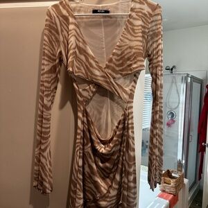 Nasty Gal Taupe and Cream Zebra-Pattern Long Sleeve Cutout Dress